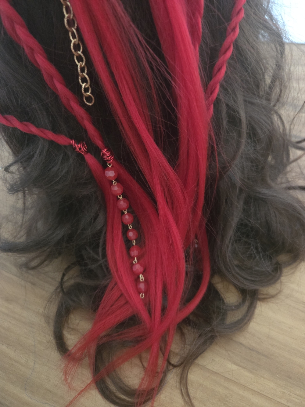 4/$15 Boho Festival Red With Fiber & Wire Bead Braided Synthetic Hair Extensions - Picture 3 of 7
